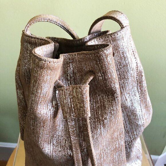 Marie Turnor Handbags - Marie Turnor Neutral Metallic Textured Drawstring Bucket Bag